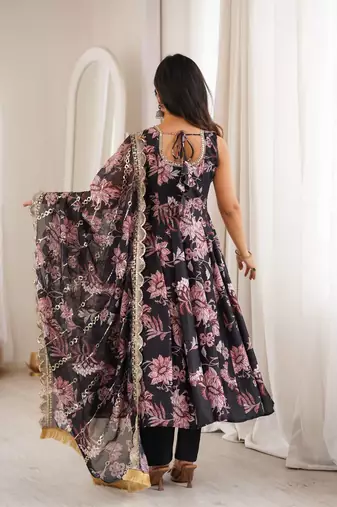 Black floral print muslin gown with pant & organza dupatta