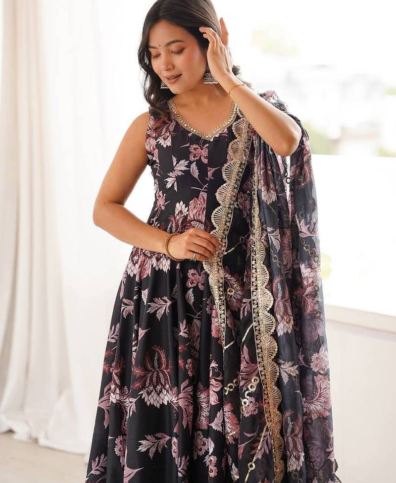 Black floral print muslin gown with pant & organza dupatta
