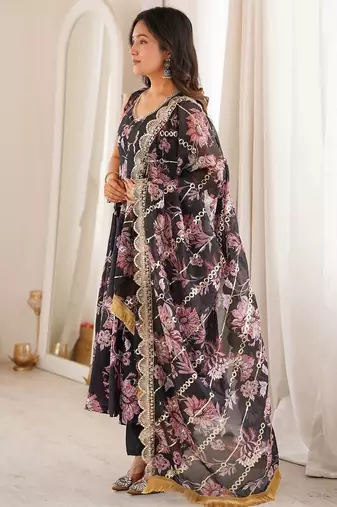 Black floral print muslin gown with pant & organza dupatta