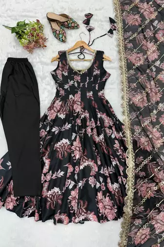 Black floral print muslin gown with pant & organza dupatta