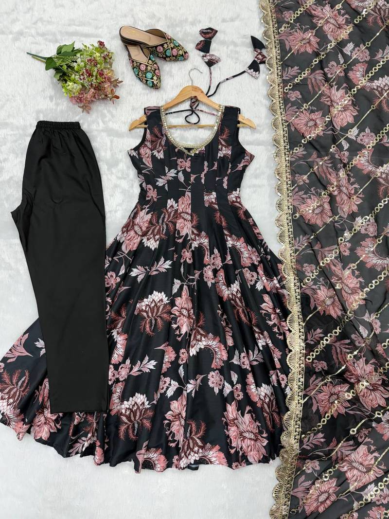 Black floral print muslin gown with pant & organza dupatta