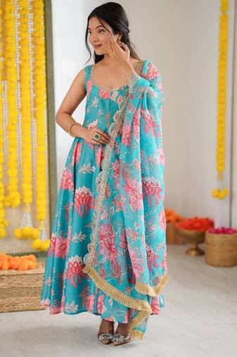 Sky blue floral print muslin gown with pant & organza dupatta
