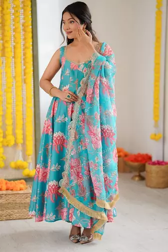 Sky blue floral print muslin gown with pant & organza dupatta