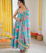 Sky blue floral print muslin gown with pant & organza dupatta
