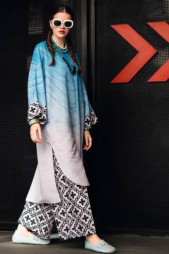Blue geometric print linen  fancy co-ord set for women