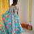 Sky blue floral print muslin gown with pant & organza dupatta