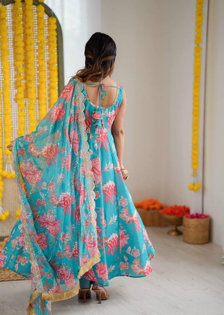 Sky blue floral print muslin gown with pant & organza dupatta