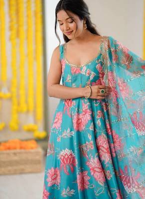 Sky blue floral print muslin gown with pant & organza dupatta 3