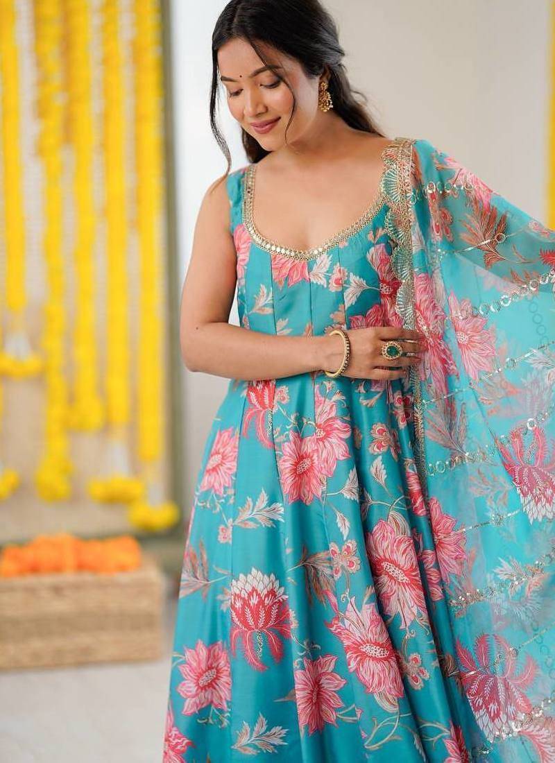 Sky blue floral print muslin gown with pant & organza dupatta