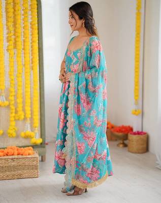 Sky blue floral print muslin gown with pant & organza dupatta 4