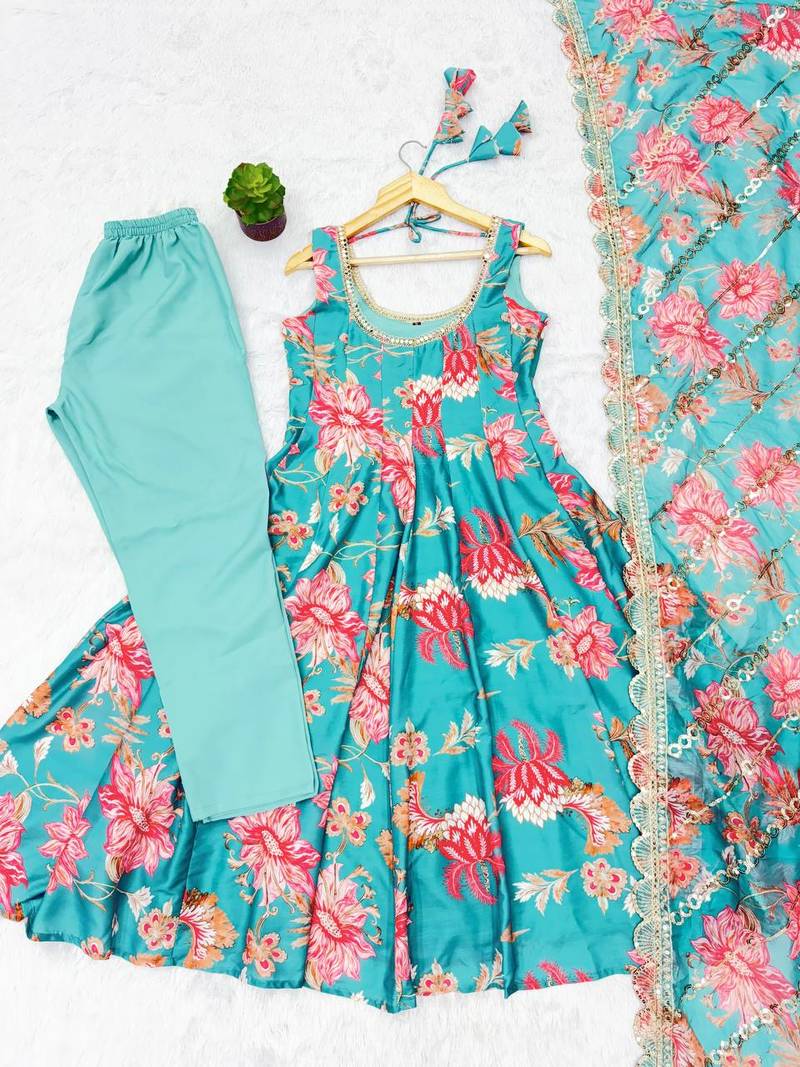 Sky blue floral print muslin gown with pant & organza dupatta