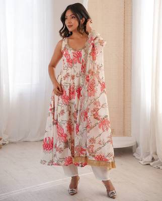 Off white floral print muslin gown with pant & organza dupatta 1