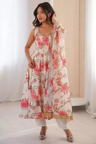 Off white floral print muslin gown with pant & organza dupatta