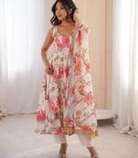 Off white floral print muslin gown with pant & organza dupatta