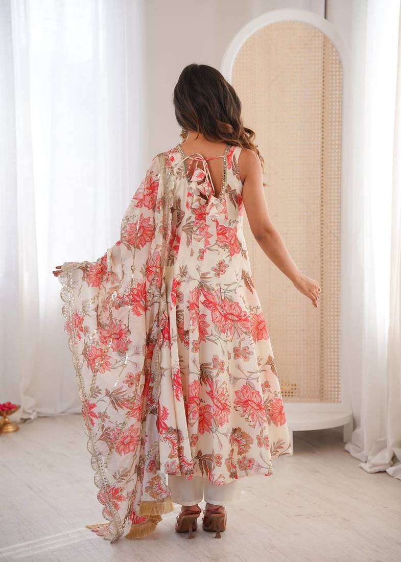 Off white floral print muslin gown with pant & organza dupatta