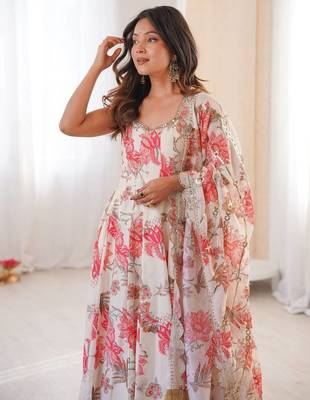 Off white floral print muslin gown with pant & organza dupatta 3