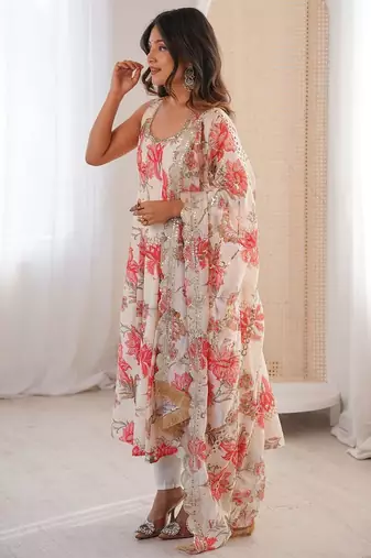 Off white floral print muslin gown with pant & organza dupatta