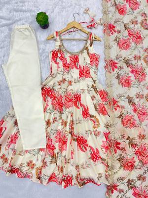 Off white floral print muslin gown with pant & organza dupatta 5