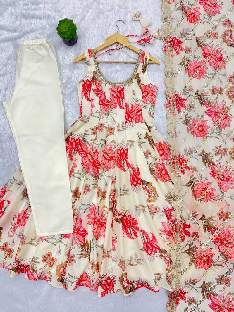 Off white floral print muslin gown with pant & organza dupatta