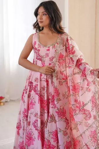 Candy pink floral print muslin gown with pant & organza dupatta
