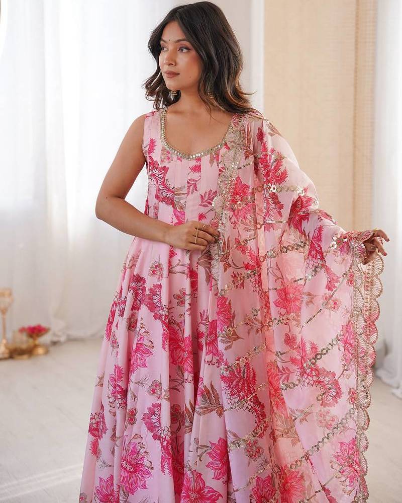 Candy pink floral print muslin gown with pant & organza dupatta