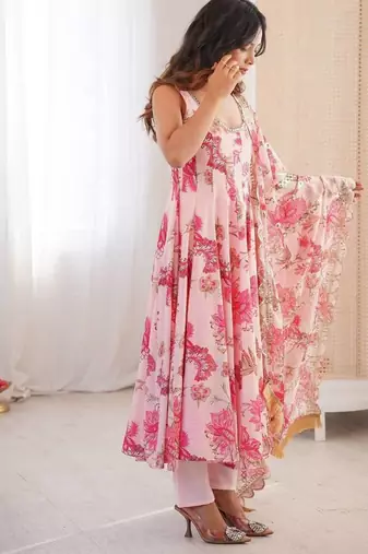 Candy pink floral print muslin gown with pant & organza dupatta