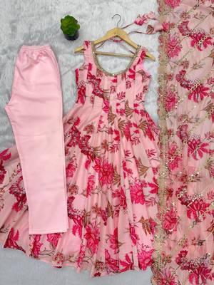 Candy pink floral print muslin gown with pant & organza dupatta 5