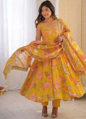Mustard yellow floral print muslin gown with pant & organza dupatta 1