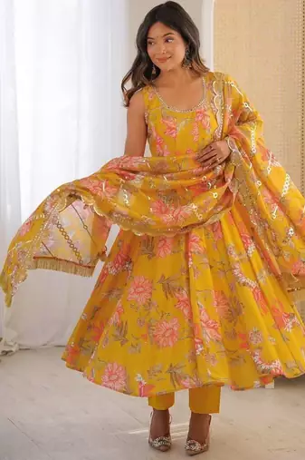 Mustard yellow floral print muslin gown with pant & organza dupatta