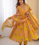 Mustard yellow floral print muslin gown with pant & organza dupatta