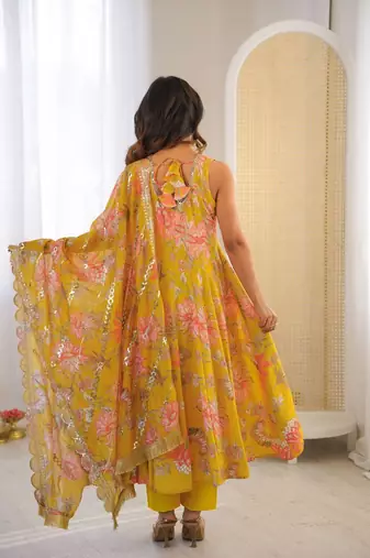 Mustard yellow floral print muslin gown with pant & organza dupatta