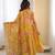 Mustard yellow floral print muslin gown with pant & organza dupatta