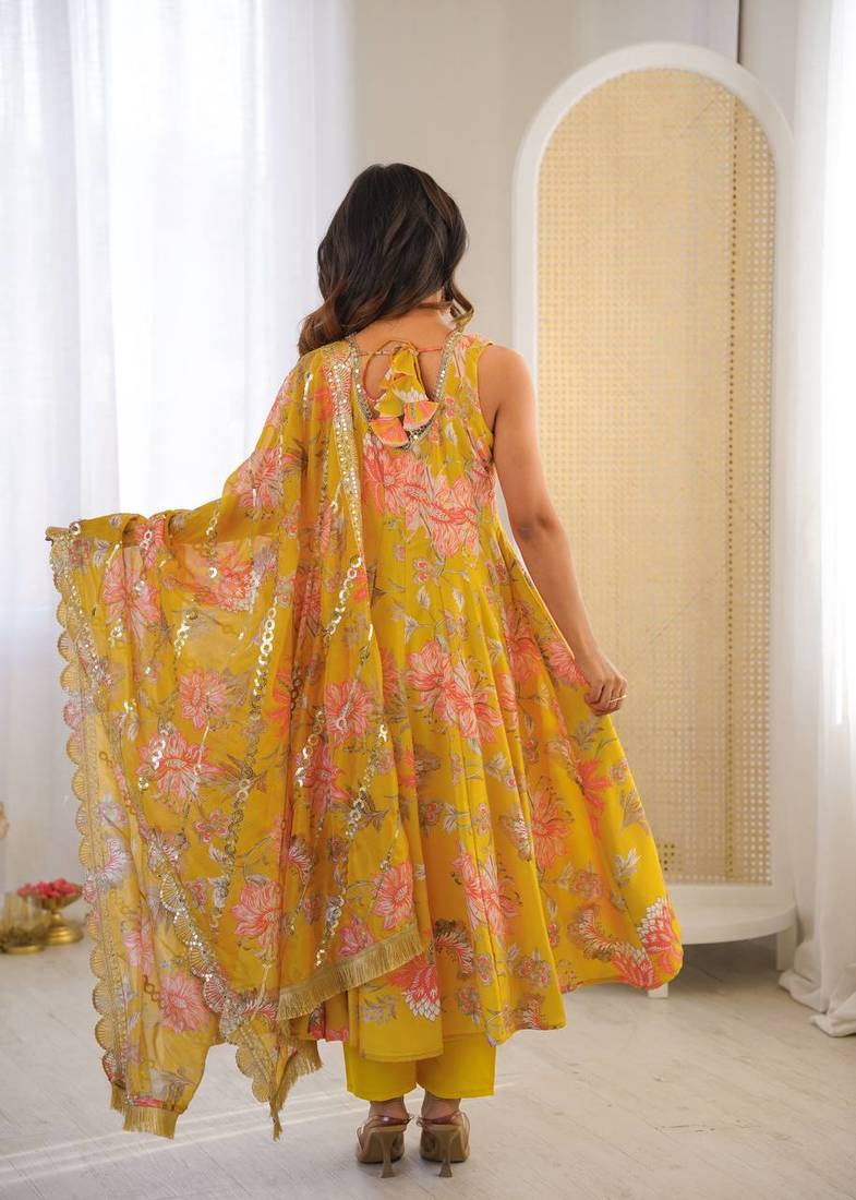 Mustard yellow floral print muslin gown with pant & organza dupatta