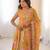 Mustard yellow floral print muslin gown with pant & organza dupatta