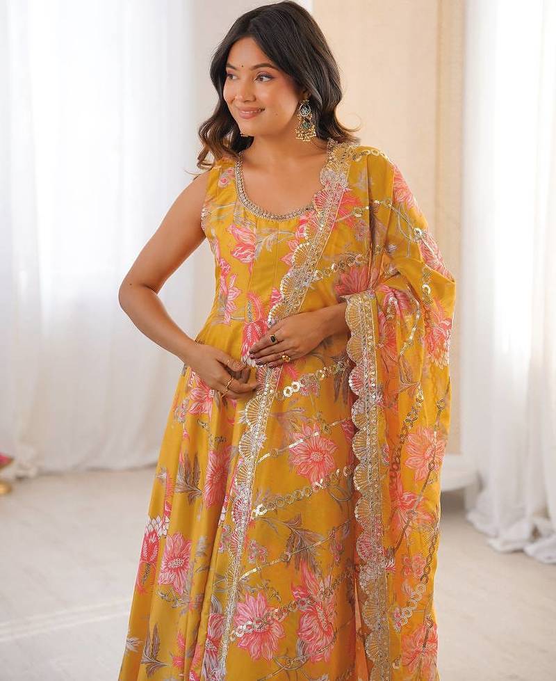 Mustard yellow floral print muslin gown with pant & organza dupatta