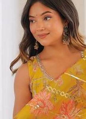 Mustard yellow floral print muslin gown with pant & organza dupatta 4