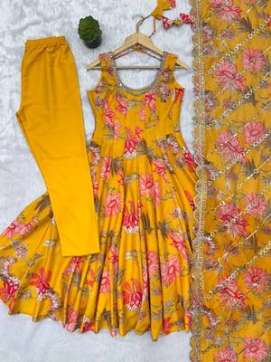 Mustard yellow floral print muslin gown with pant & organza dupatta 5