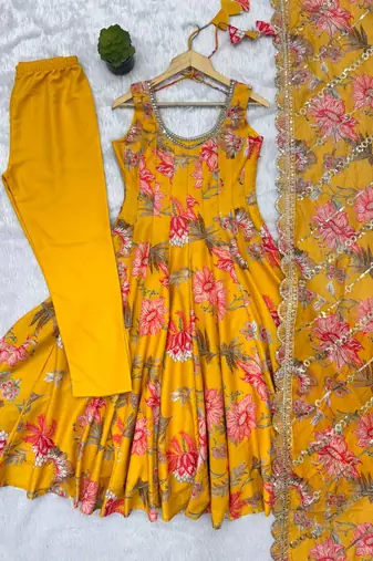 Mustard yellow floral print muslin gown with pant & organza dupatta