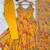 Mustard yellow floral print muslin gown with pant & organza dupatta
