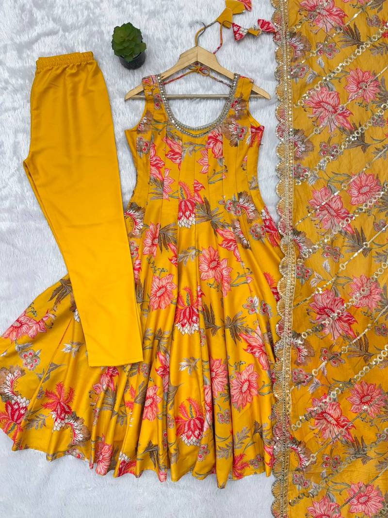 Mustard yellow floral print muslin gown with pant & organza dupatta
