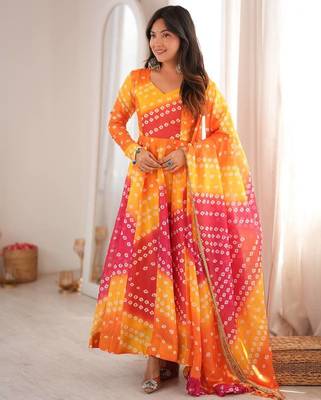 Orange bandhani printed maslin anarkali suit set with dupatta 1