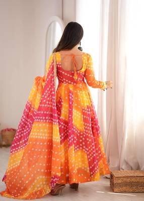 Orange bandhani printed maslin anarkali suit set with dupatta 2