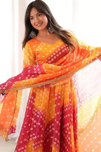 Orange bandhani printed maslin anarkali suit set with dupatta