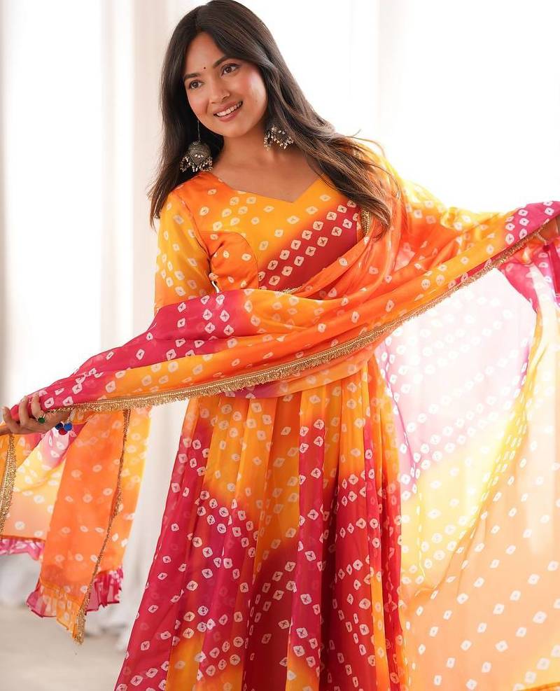 Orange bandhani printed maslin anarkali suit set with dupatta