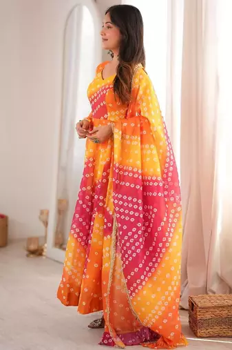 Orange bandhani printed maslin anarkali suit set with dupatta
