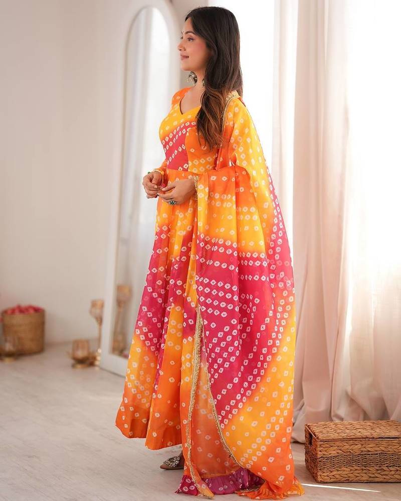 Orange bandhani printed maslin anarkali suit set with dupatta