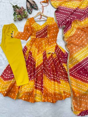 Orange bandhani printed maslin anarkali suit set with dupatta 5