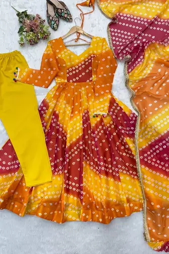 Orange bandhani printed maslin anarkali suit set with dupatta