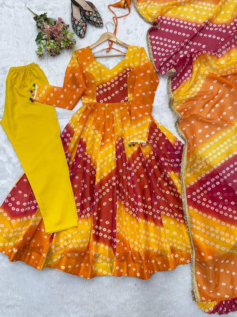 Orange bandhani printed maslin anarkali suit set with dupatta