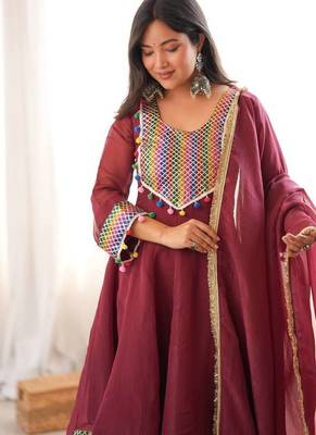 Maroon embroidery & lace work crunchy silk suit with dhoti & dupatta 2